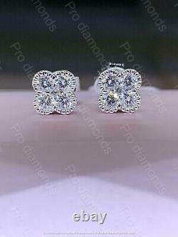 1.20Ct Round Real Moissanite Flower Stud Earrings 14K White Gold Silver Plated