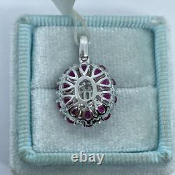 14K White Gold Silver Plated 2Ct Oval Cut Lab Created Red Ruby Cluster Pendant