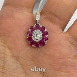 14K White Gold Silver Plated 2Ct Oval Cut Lab Created Red Ruby Cluster Pendant