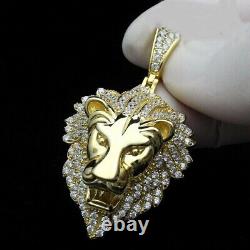 14K Yellow Gold Silver Plated Real Moissanite 2Ct Round Lion Head Men's Pendant