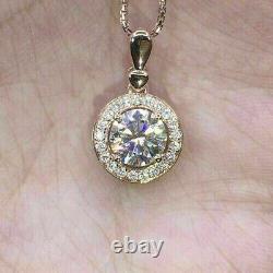 2.20Ct Round Real Moissanite Halo Women's Pendant 14K Yellow Gold Silver Plated