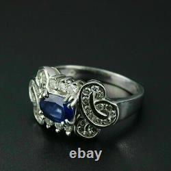 2Ct Oval Natural Blue Sapphire Cluster Wedding Ring 14K White Gold Silver Plated