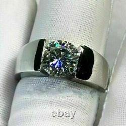2Ct Round Cut Real Moissanite Men's Solitaire Ring 14K White Gold Silver Plated