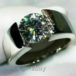 2Ct Round Cut Real Moissanite Men's Solitaire Ring 14K White Gold Silver Plated