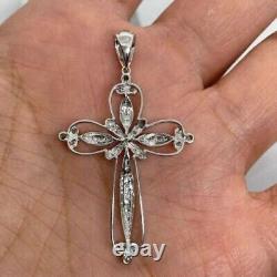 2Ct Round Real Moissanite Cross Religious Pendant 14K White Gold Plated Silver