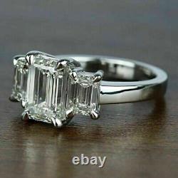 3.50Ct Emerald Cut Real Moissanite Three Stone Ring 14K White Gold Silver Plated