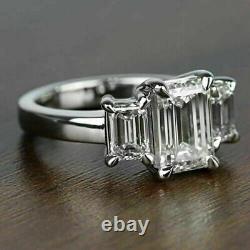 3.50Ct Emerald Cut Real Moissanite Three Stone Ring 14K White Gold Silver Plated