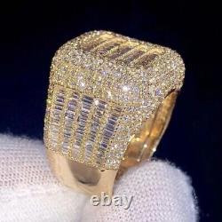 3Ct Baguette Real Moissanite Cluster Men's Ring 14K Yellow Gold Silver Plated
