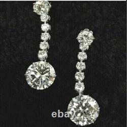 3Ct Round Certified Moissanite Drop Dangle Earrings 14K White Gold Silver Plated