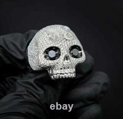 Halloween Men's 4CT Black/White Sim Diamond Skull Head Ring 14K White Gold Over
