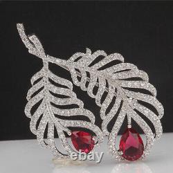 Lab Created Red Ruby 2.20Ct Pear Fancy Leaf Brooch 14K White Gold Silver Plated
