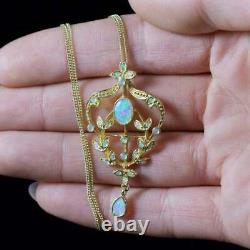 Natural Fire Opal 1.20Ct Pear Floral Drop Pendant 14K Yellow Gold Plated Silver