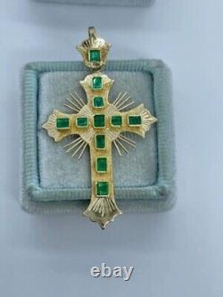 Natural Green Emerald 2.00Ct Emerald Cross Pendant 14K Yellow Gold Plated Silver