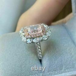 Natural Pink Radiant Sapphire 3CT Halo Wedding Ring 14K White Gold Silver Plated