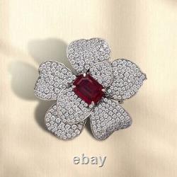 Natural Red Ruby 2.20Ct Emerald Flower Brooch Pin 14K Yellow Gold Plated Silver