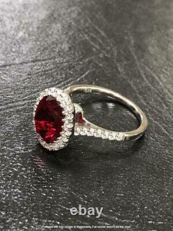 Natural Red Ruby 2.50Ct Oval Halo Engagement Ring 14K White Gold Silver Plated