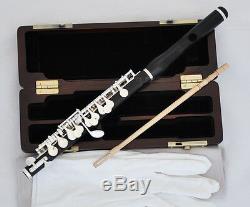 Professional Ebony Wooden Piccolo Flute Silver Plated C Key Split E Wood Case