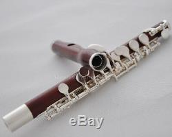 Professional Rose wooden Piccolo Flute silver key wood case