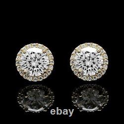 Real Moissanite 2.00CT Round Cut Halo Stud Earring 14k Yellow Gold Plated Silver