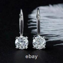 Real Moissanite 2.00Ct Round Drop Dangle Earrings 14K White Gold Plated Silver