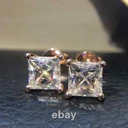 Real Moissanite 3Ct Princess Solitaire Stud Earrings 14K Rose Gold Silver Plated