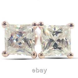 Real Moissanite 3Ct Princess Solitaire Stud Earrings 14K Rose Gold Silver Plated