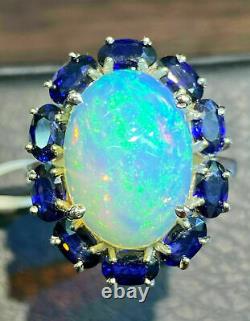 3.50ct Ovale De Feu Naturel Opale Engagement Anneau Halo 14k Or Blanc Plaqué Argent