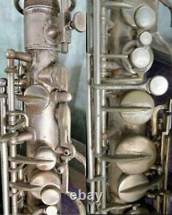 Antique Lyon & Healy Silverplate Saxophone Alto Avec Morceau De Bouche, Boîtier Et Extras