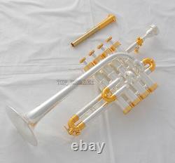 Professional Silver Gold Plaqué Piccolo Trumpet Monel Valve Bb/a Keys New Case